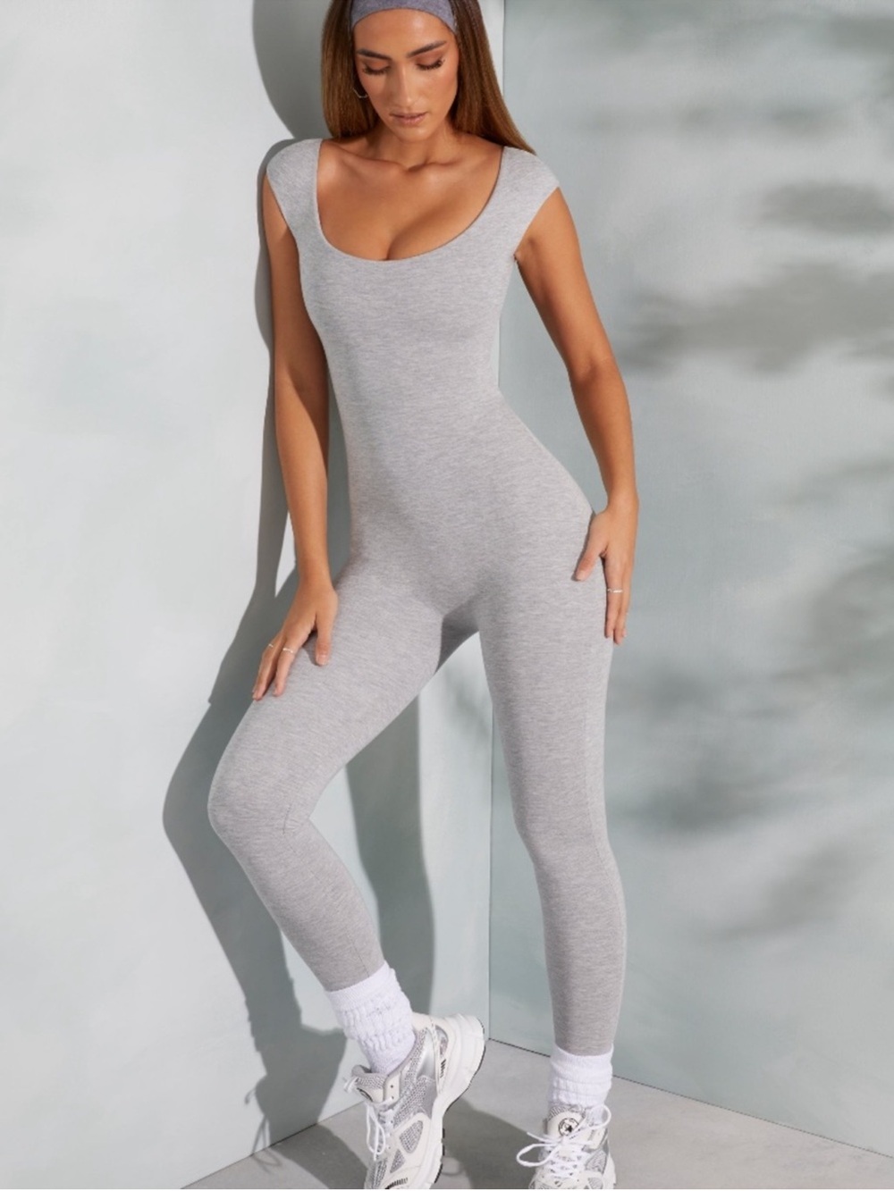 Oh Polly Light Grey Ribbed Scoop-Neck Jumpsuit